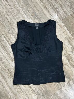 INC International Concepts Black Sleeveless V-Neck Tank with Lace Trim